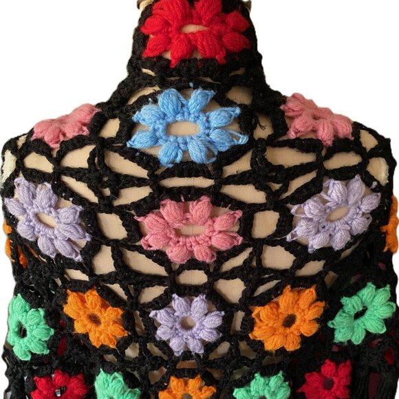 Vintage crochet knit granny flowers floral multicolor wrap scarf shawl w fringe - Picture 3 of 12